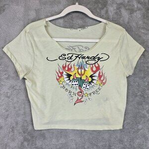 Ed Hardy Shirt Womens Large Green Born Free Dice Flames Graphic Crop Top